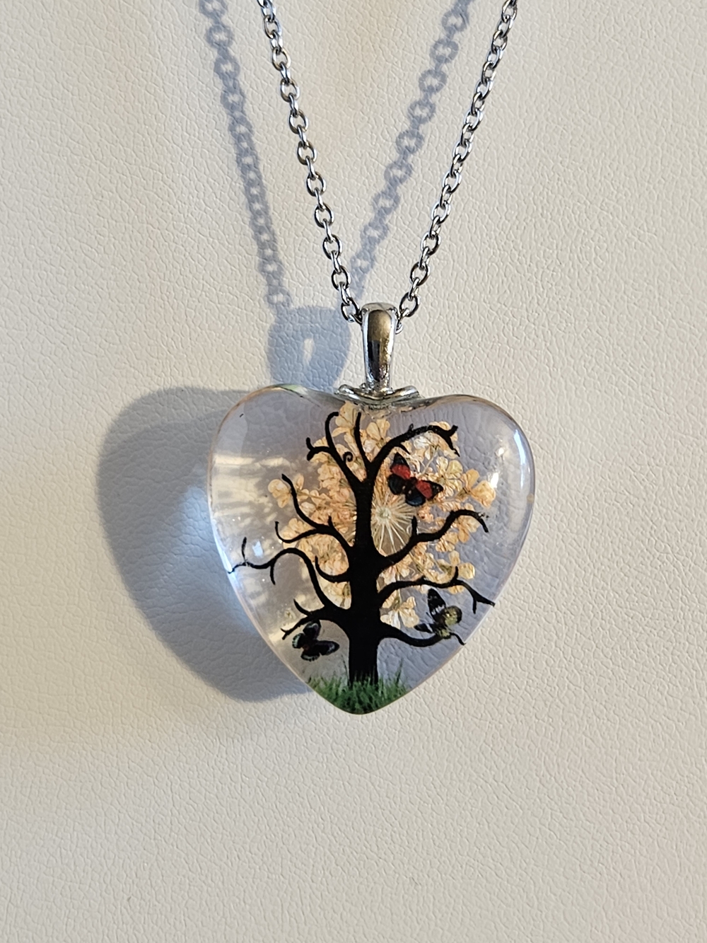 Heart Resin Tree Pendant Necklace in Clear with Black Tree Accent